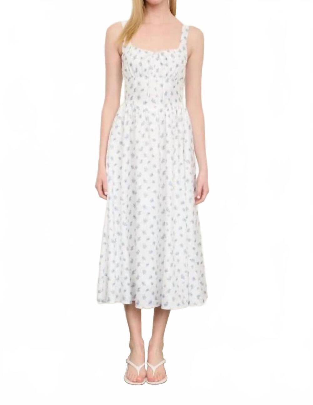 NEW MINE AND E&M floral sleeveless front tie corset midi dress in off white